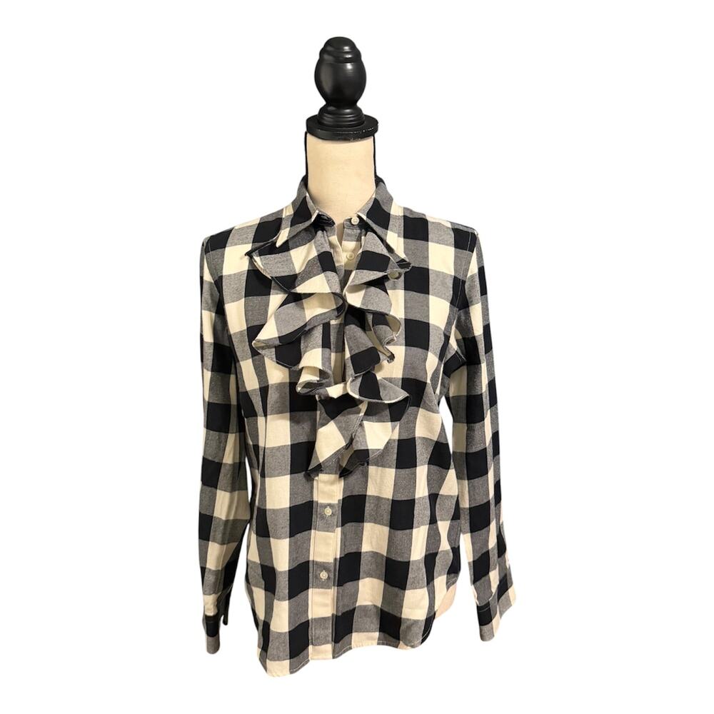 Lauren Ralph Lauren Womens Black Cream Buffalo Plaid Ruffle Button Down Top Sz M